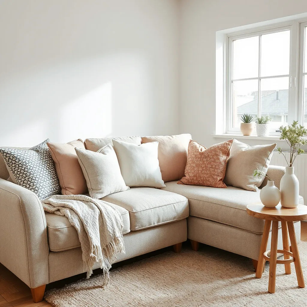 Colorful patterned and textured pillows arranged on a neutral sofa in a bright living room