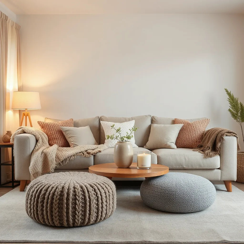 Living room with layered cushions, a throw blanket, warm lamp light, and a wooden coffee table with a candle