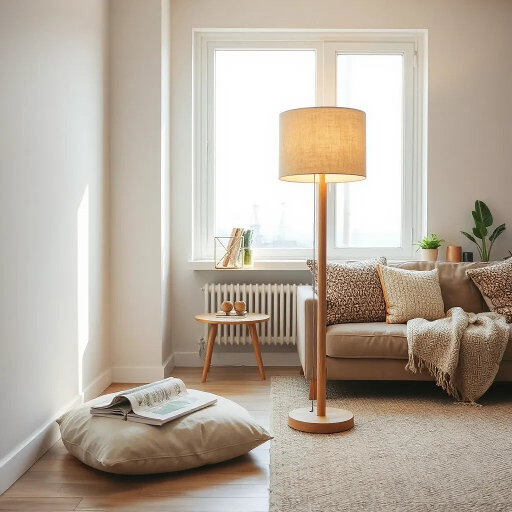 Handmade floor lamp with warm light in a cozy, minimal living room corner