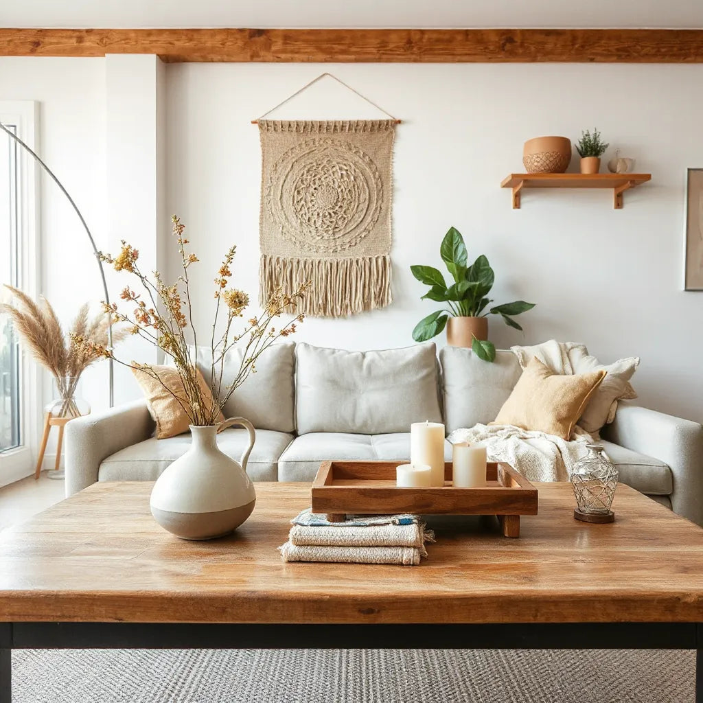 Handcrafted vase, woven wall art, candles, and a wooden tray arranged in a bright living room