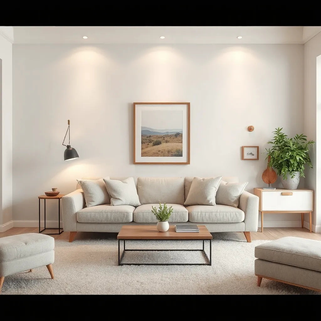 Framed decorative wall art arranged above a light sofa in a bright modern living room