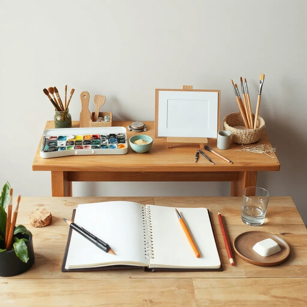 Adult art tools laid out on a wooden desk including paints, brushes, and a blank sketchbook