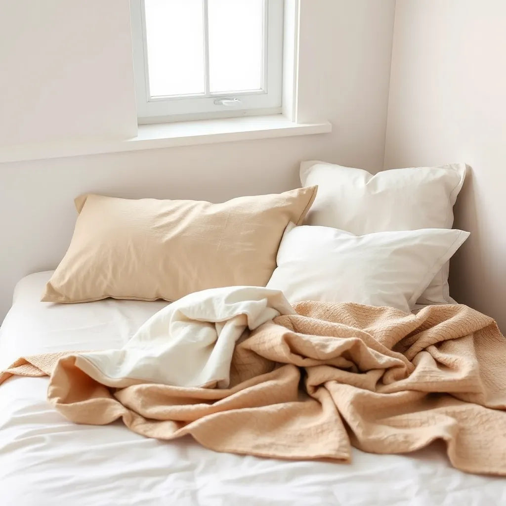 Soft snuggle pillows on a neatly made bed with warm natural light and cozy bedding