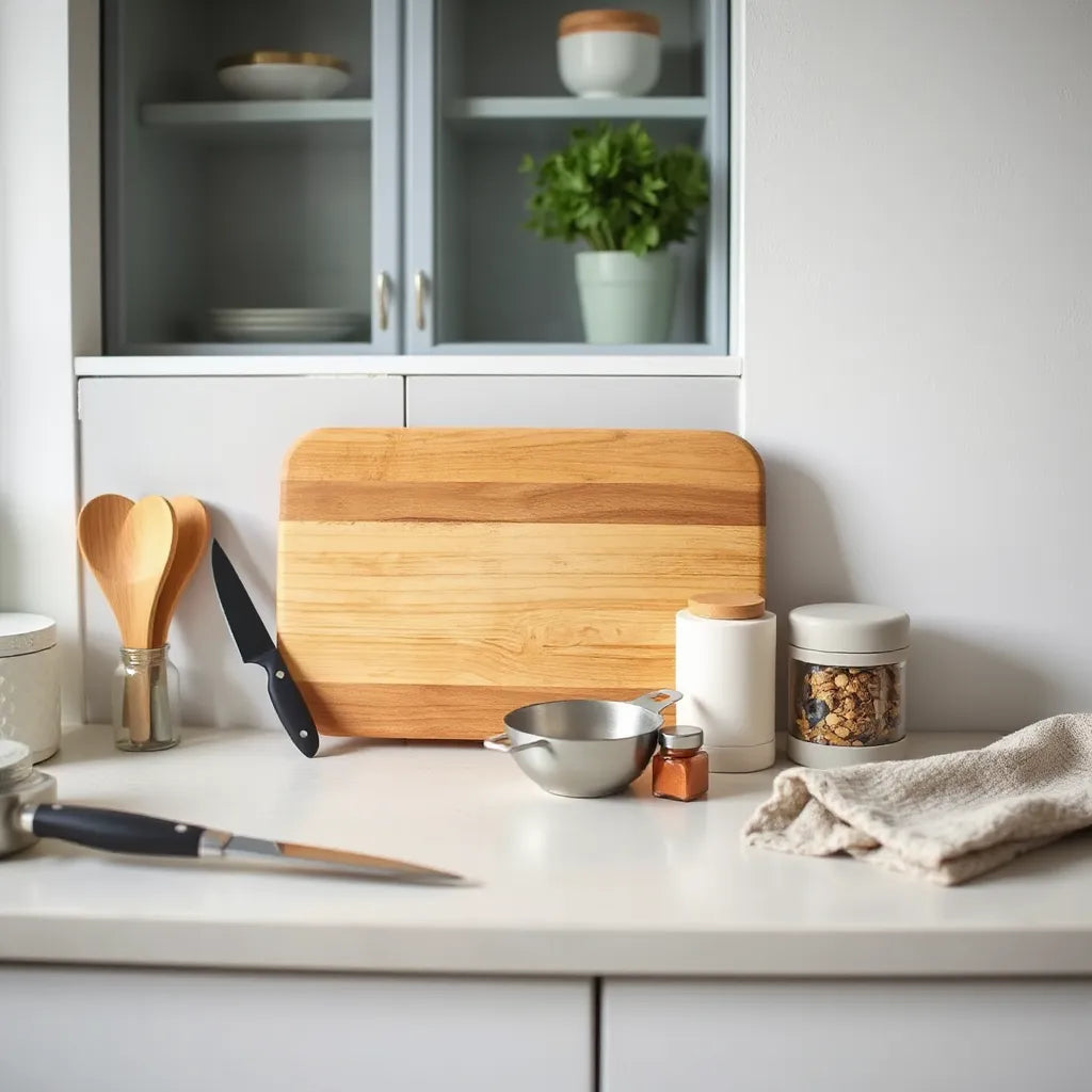 Neat countertop with distinctive cooking tools, containers, and spice organizer under soft natural light