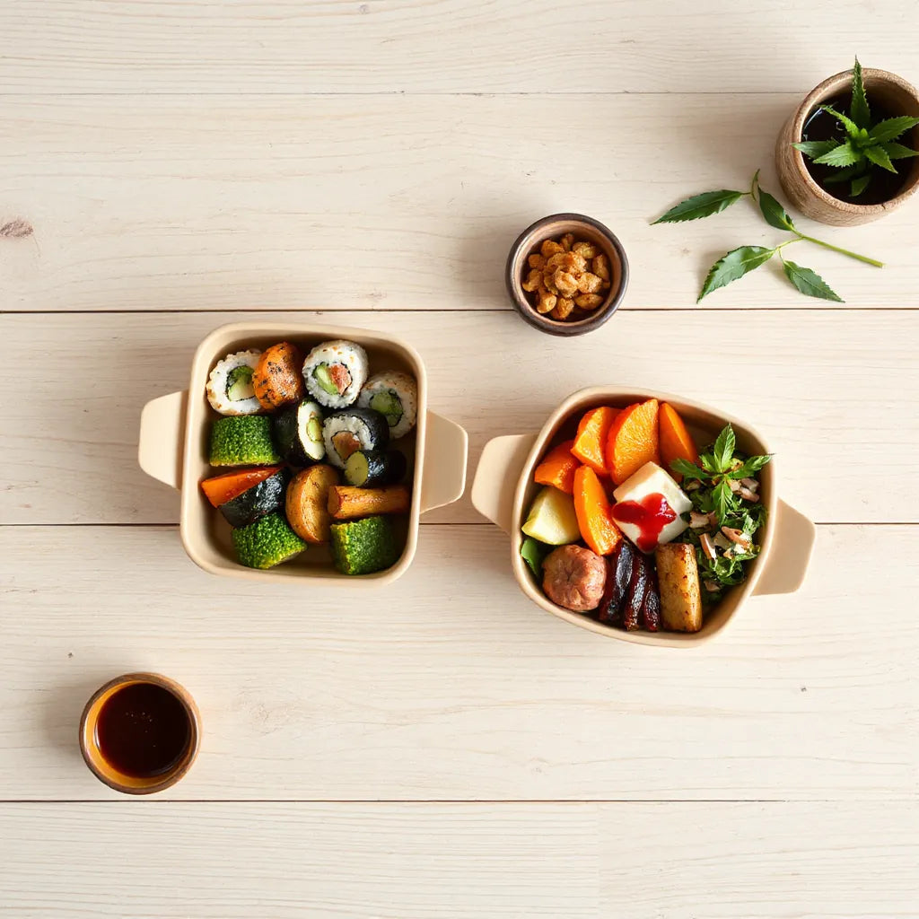 Colorful artistic bento boxes with neatly arranged compartments on a light wood table