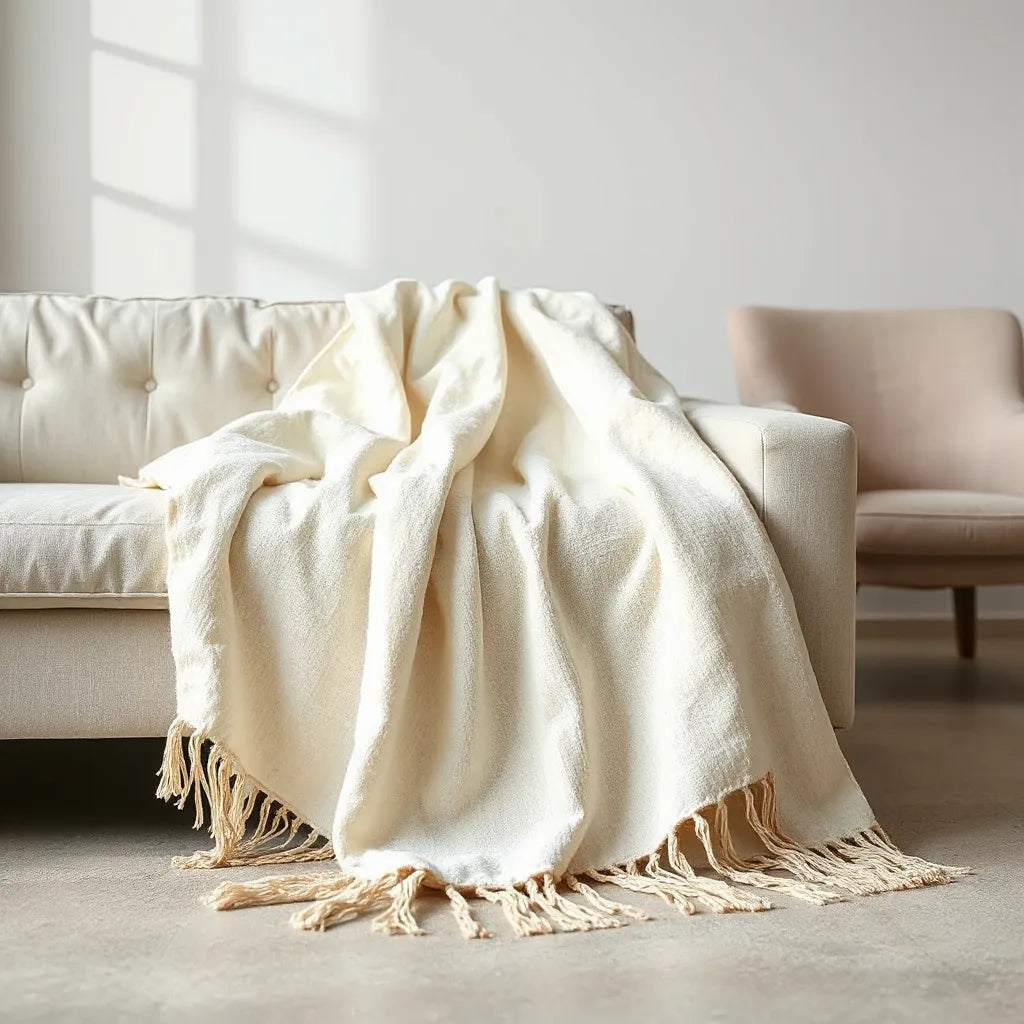 Cotton throw blanket draped over a light sofa in a cozy, sunlit living room
