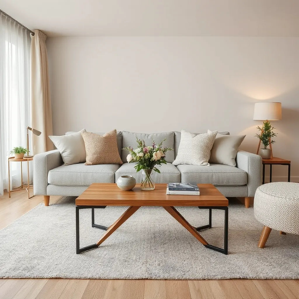 Bright living room featuring modern sofa, layered textiles, and a stylish coffee table with flowers
