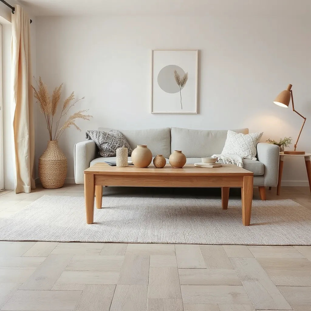 Cozy living room styled with light wood, linen textures, and muted vintage Nordic decor accents