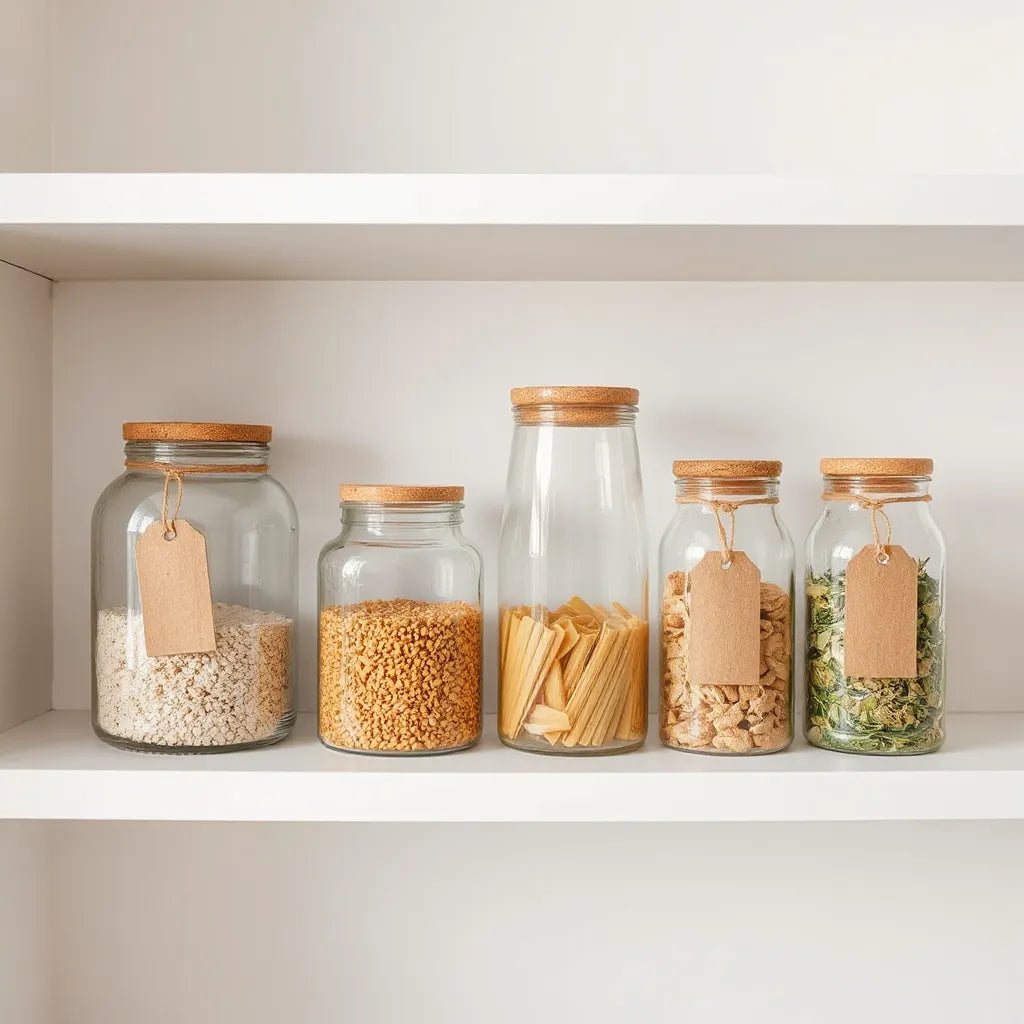 Eco-friendly glass jars with bamboo lids holding pantry staples on a bright shelf