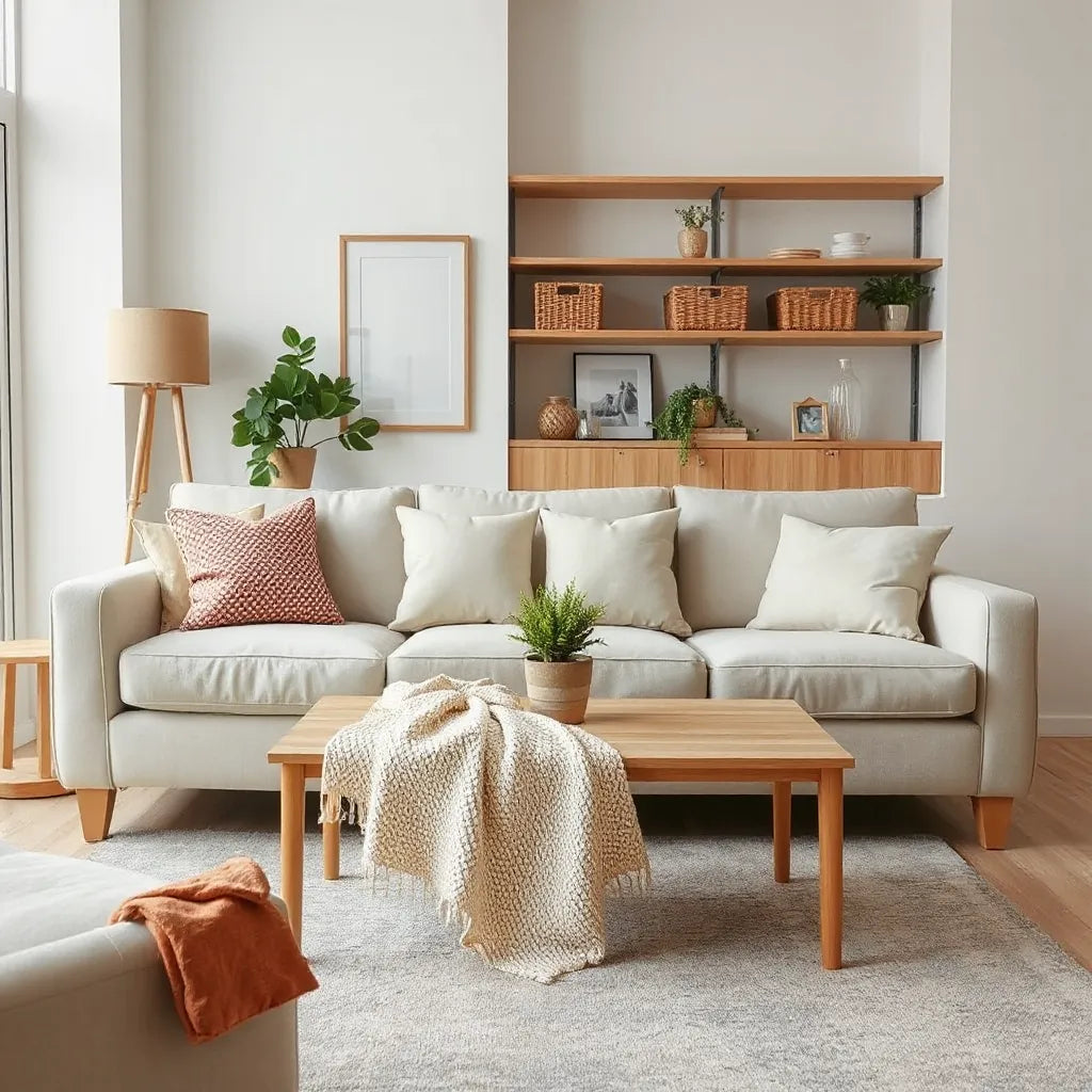 Bright modern living room with coordinated neutral decor, neatly styled pillows, and an organized coffee table