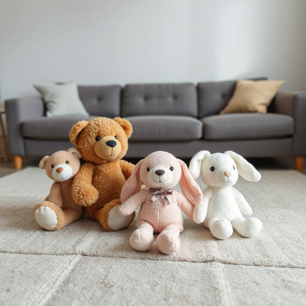 Assorted plush animal toys neatly arranged on a soft rug in a bright, clean room