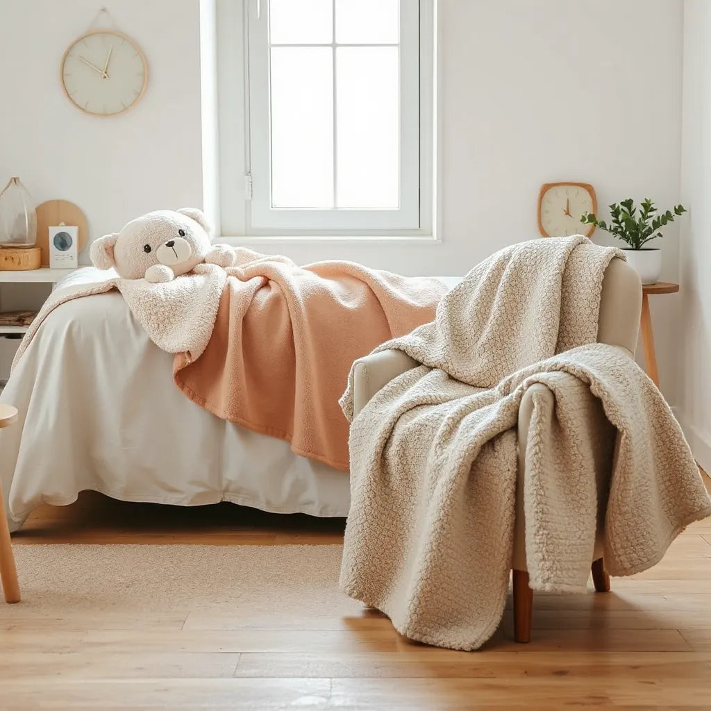 Assorted kids plush blankets in soft pastel colors on a cozy bed with natural light