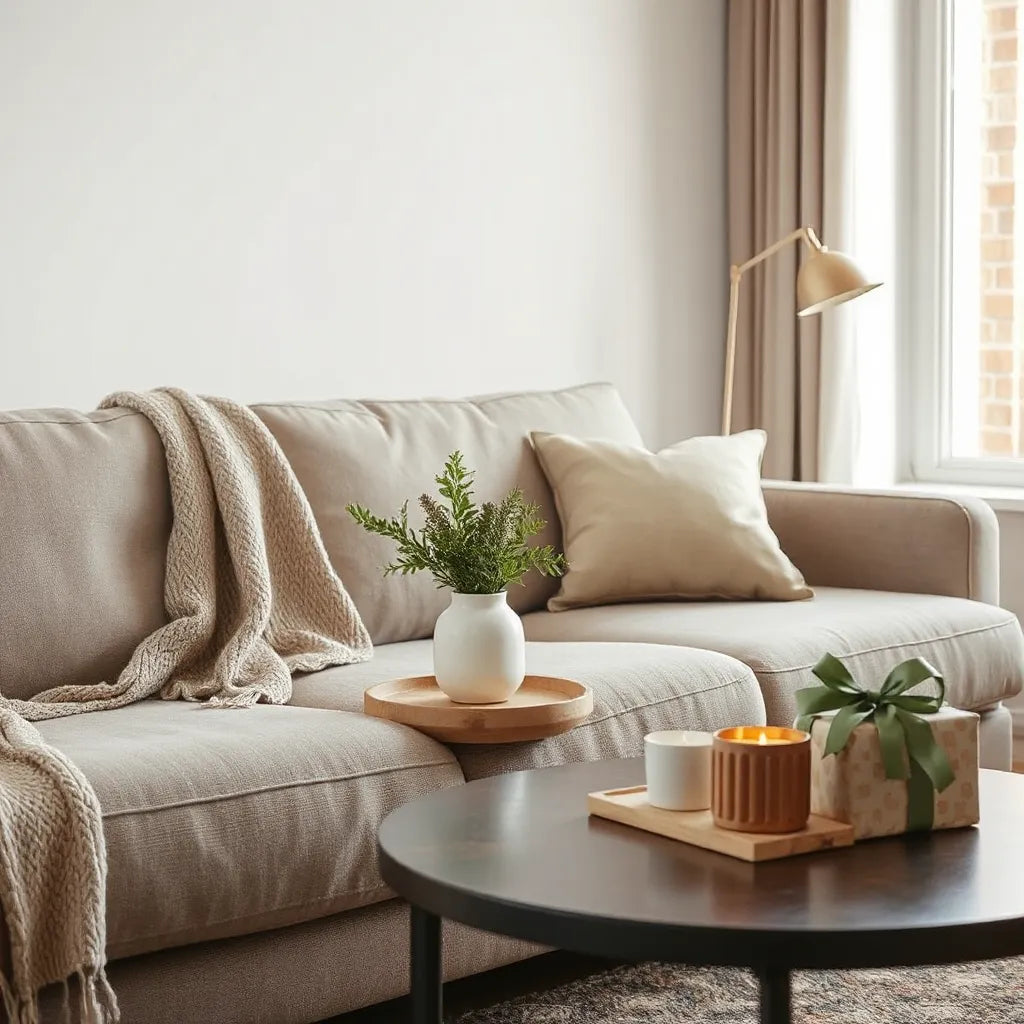 Cozy living room with a curated gift set, candle, tray, and fresh greenery on a side table